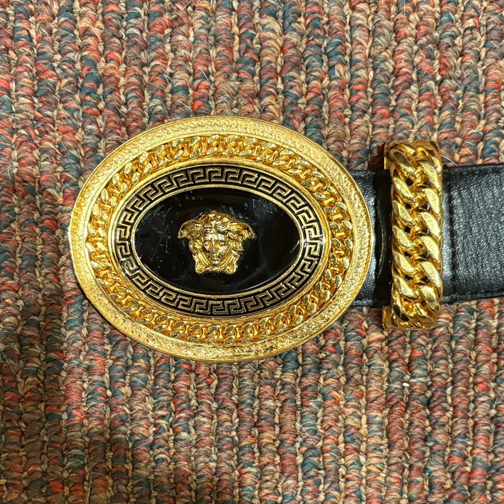 Versace Gold and Black Medusa Emblem Belt